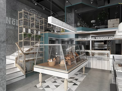 Modern Industrial Cafe Interior With Bread Display Case Staircase And Green Plant Shelves 3d model