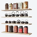 Traditional Tea Sets and Tea Cans Arranged on Wooden Shelves with Various Colors and Designs