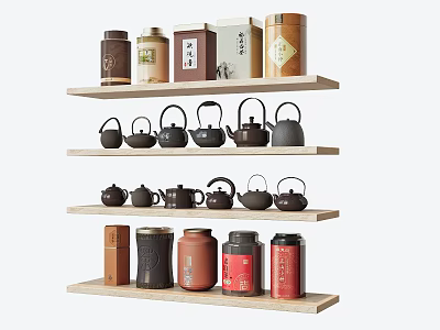 Traditional Tea Sets and Tea Cans Arranged on Wooden Shelves with Various Colors and Designs 3d model