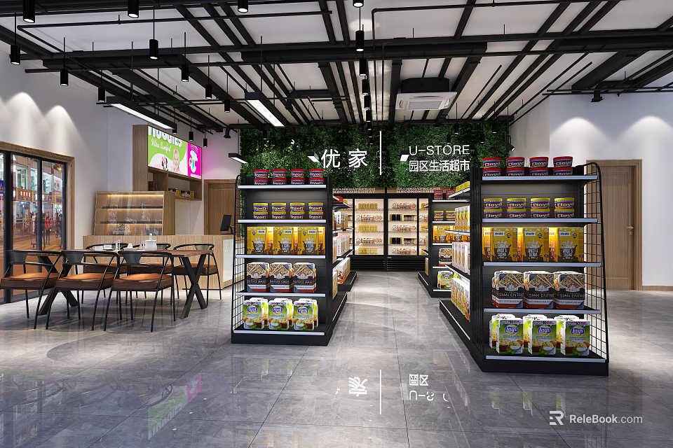 Spacious Modern Supermarket Interior With Well Arranged Shelves And Various Grocery Products 3d model 