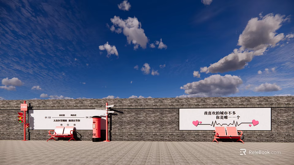 Brick Scenic Wall With White Billboards Red Seats And Blue Sky Clouds 3d model 