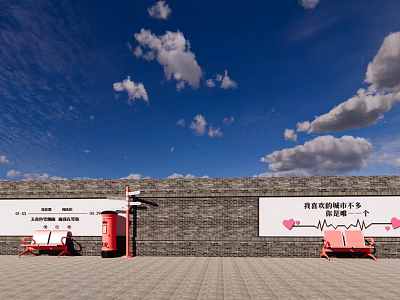 Brick Scenic Wall With White Billboards Red Seats And Blue Sky Clouds 3d model
