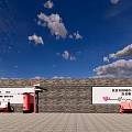 Brick Scenic Wall With White Billboards Red Seats And Blue Sky Clouds