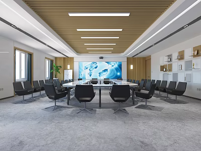 Modern Conference Room with Long Meeting Table Black Chairs and Large Screen 3d model