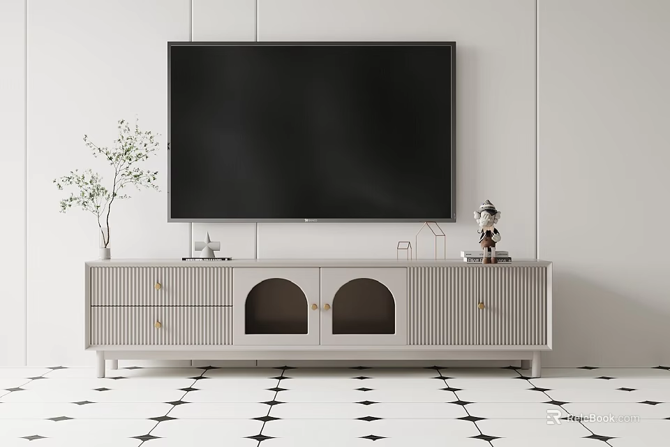 Modern Light Gray TV Stand With Round Cutout Doors Drawers Decorative Items And Green Plant 3d model 