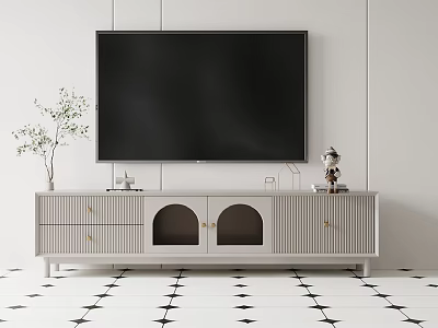 Modern Light Gray TV Stand With Round Cutout Doors Drawers Decorative Items And Green Plant 3d model