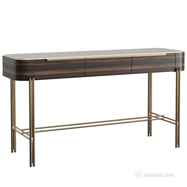 Modern Minimalist Dressing Table With Dark Wood Cabinet And Gold Metal Legs 3d model 
