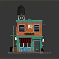 Colorful Cartoon Building Scene With Red Awning Green Roof Street Lamp And Table Chairs