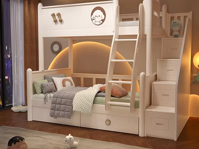 Cozy Kids Room Interior With White Bunk Bed Ladder Steps Storage Drawers And Arched Wall 3d model
