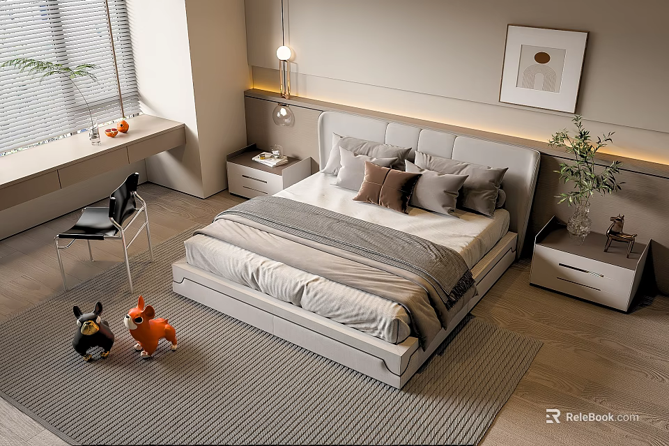 Modern Double Bed Bedroom With Upholstered Headboard Nightstands Lamps Window Blinds Rug And Wall Art 3d model 