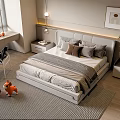 Modern Double Bed Bedroom With Upholstered Headboard Nightstands Lamps Window Blinds Rug And Wall Art