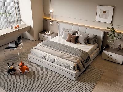 Modern Double Bed Bedroom With Upholstered Headboard Nightstands Lamps Window Blinds Rug And Wall Art 3d model