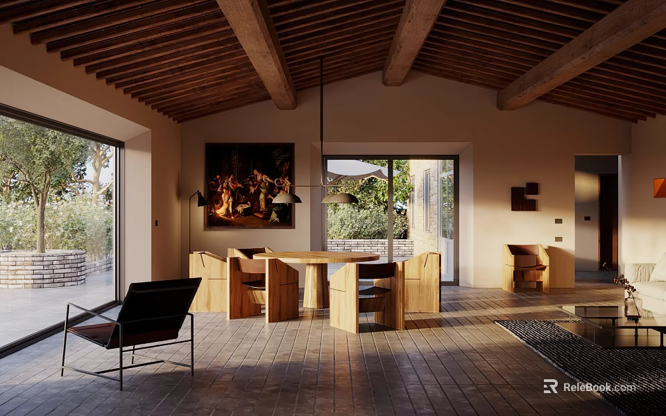Modern Open Plan Living Dining Area With Wooden Beams Natural Light 3d model 