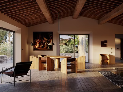 Modern Open Plan Living Dining Area With Wooden Beams Natural Light 3d model