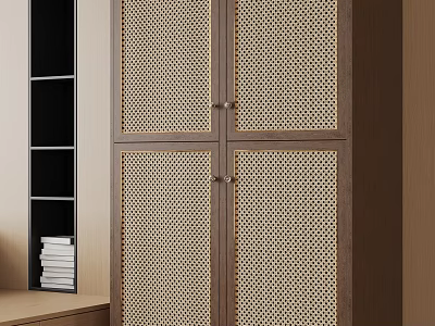 Modern Minimalist Wardrobe With Perforated Double Doors And Natural Wood Frame Design 3d model