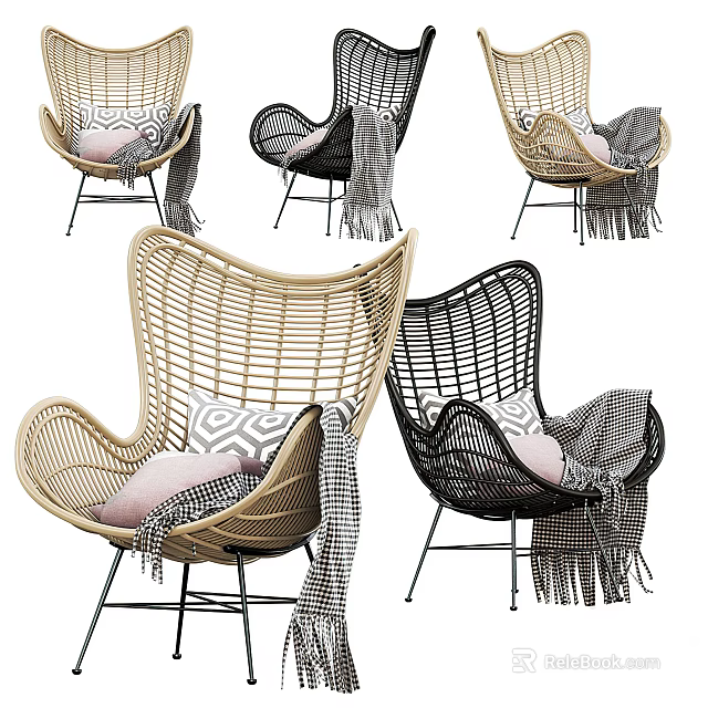Modern Rattan Leisure Chair With Beige Black Design Soft Pillows And Stylish Blankets 3d model 