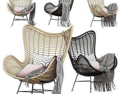 Modern Rattan Leisure Chair With Beige Black Design Soft Pillows And Stylish Blankets 3d model