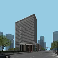 Modern Office Building With Glass Curtain Wall And Urban Surroundings Trees