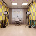 Public Office Space Featuring Yellow Gray Checkered Walls Neon Lights Photography Umbrellas And Wooden Floor