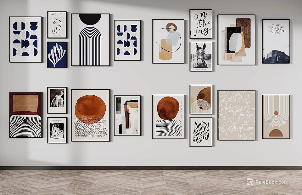 Artistic Wall Decor with Various Abstract Paintings Geometric Patterns and Minimalist Designs 3d model