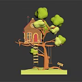 Cute Cartoon Treehouse Scene With Red Roof Yellow Leaves Tree Wooden Ladder And Small Platform