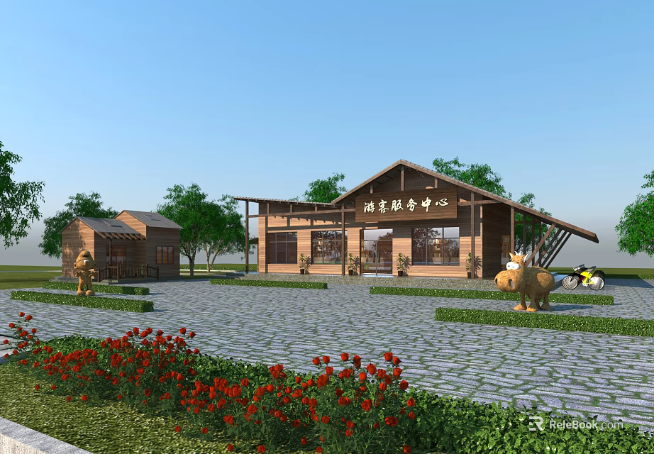 Wooden Visitor Center Surrounded by Trees and Flower Beds with Front Entrance and Stone Pathway 3d model 