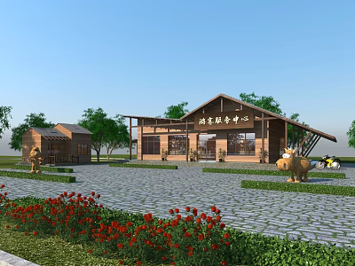 Wooden Visitor Center Surrounded by Trees and Flower Beds with Front Entrance and Stone Pathway 3d model