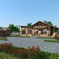 Wooden Visitor Center Surrounded by Trees and Flower Beds with Front Entrance and Stone Pathway