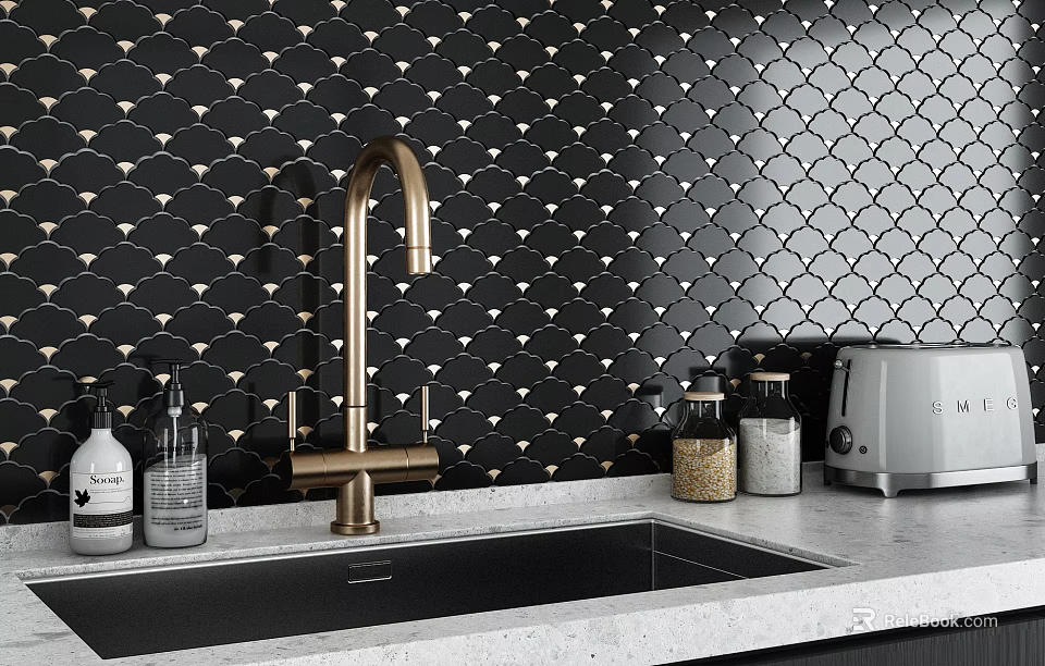 Light Gray Stone Kitchen Countertop With Sink Brass Faucet And Tile Backsplash 3d model 