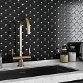 Light Gray Stone Kitchen Countertop With Sink Brass Faucet And Tile Backsplash