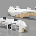 Modern Reception Desk With White Curved Design And Wooden Base Plus Pink Flowers