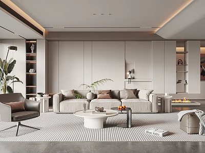 Modern Minimalist Living Room With Beige Sofa Round Coffee Table Floor Lamp Green Plants Fireplace 3d model