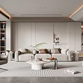 Modern Minimalist Living Room With Beige Sofa Round Coffee Table Floor Lamp Green Plants Fireplace