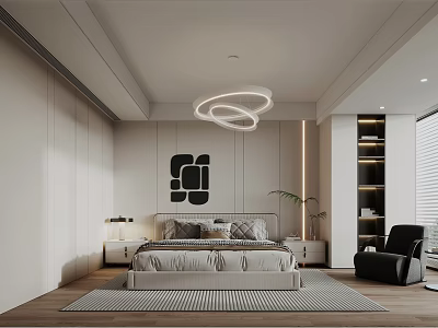 Modern Bedroom Interior With Circular Chandelier Bed Wall Art Nightstands And Armchair 3d model