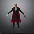 3D Humanoid Character With Blonde Hair Black Suit Red Cape White Gloves And Holding Device