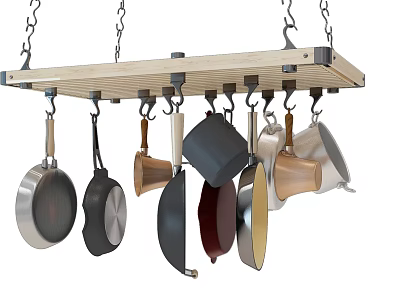 Organized Hanging Wooden Rack Displaying Various Cookware Pans In Kitchen 3d model