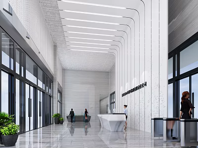 Modern Lobby Reception Interior Design With Spacious Area And White Reception Desk 3d model