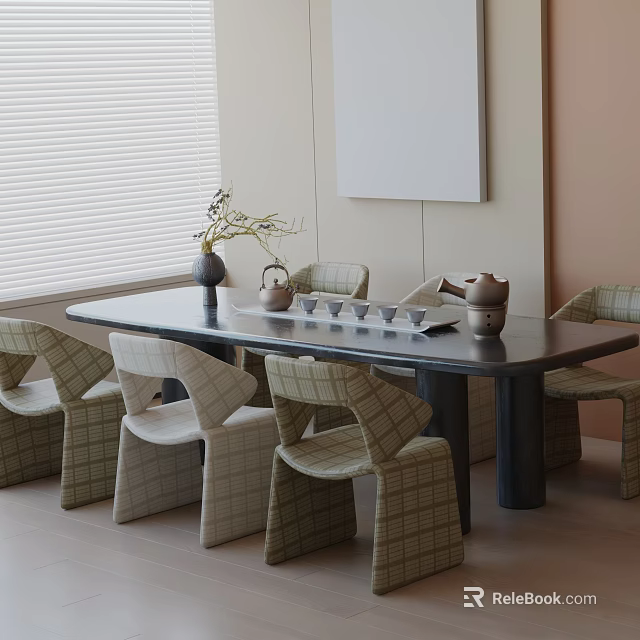 Elegant Tea Room Interior With Long Table Plaid Chairs Tea Sets Vase And Window Blinds 3d model 