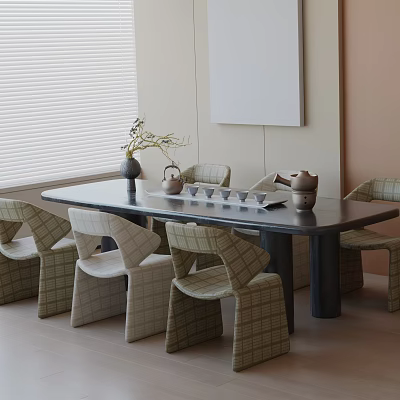 Elegant Tea Room Interior With Long Table Plaid Chairs Tea Sets Vase And Window Blinds 3d model