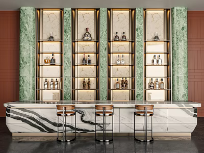 Modern Bar Counter With White Marble Top Green Columns Wooden Backdrop And Glass Shelves 3d model