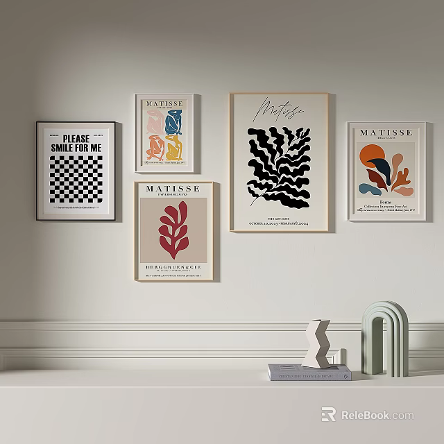 Art Posters With Abstract Designs And Decorative Items On Wall 3d model