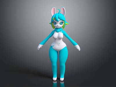 Cute Rabbit Character In Blue Bodysuit With Green Hair And White Belly Standing Pose 3d model
