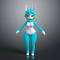 Cute Rabbit Character In Blue Bodysuit With Green Hair And White Belly Standing Pose