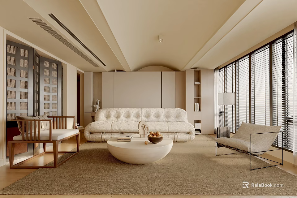 Modern Living Room Featuring Beige Sofa Round Coffee Table And Floor To Ceiling Windows 3d model 