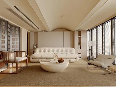 Modern Living Room Featuring Beige Sofa Round Coffee Table And Floor To Ceiling Windows 3d model