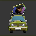 Green Cartoon Car With Colorful Luggage And Small Boat On Roof
