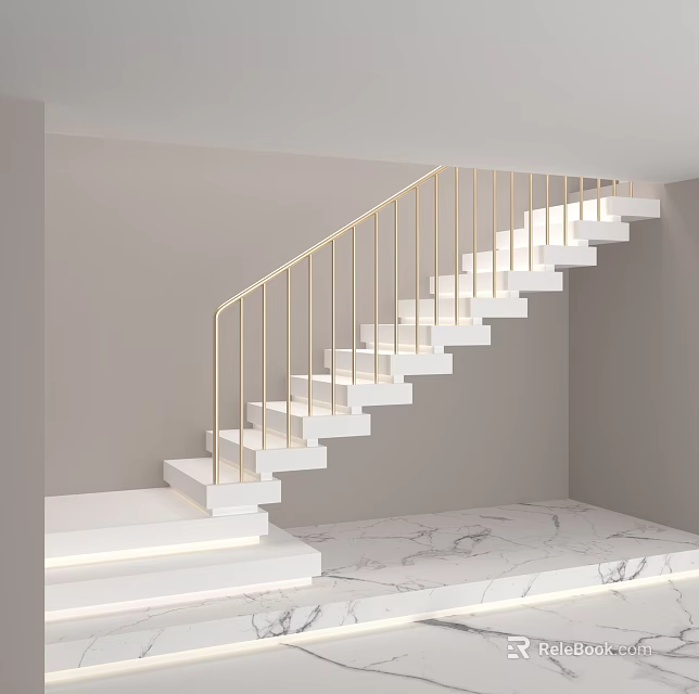 Modern White Staircase With Golden Railing And Gray Walls On Marble Floor 3d model 