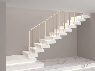 Modern White Staircase With Golden Railing And Gray Walls On Marble Floor 3d model