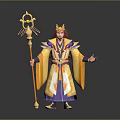 Wizard Character in Ornate Colorful Robes Holding Magical Staff on Blue Base