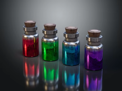 Medical Glass Bottles With Wooden Stoppers Holding Red Green Blue Purple Liquids On Black Surface 3d model